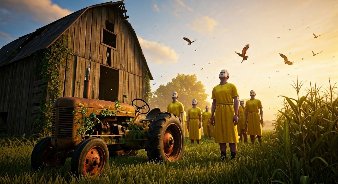 Uncanny Cult in Cornfield: Hyperrealistic Surrealism