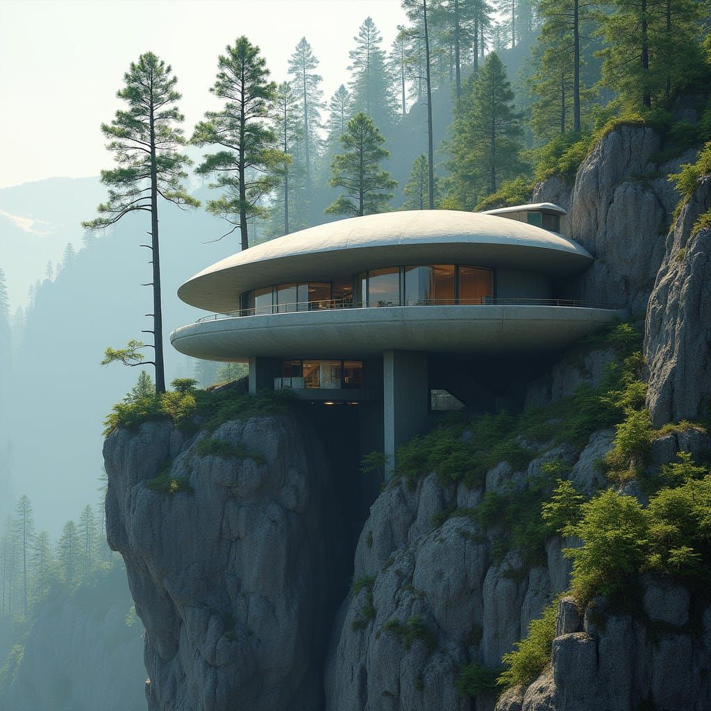 Brutalist Cliffside Mansion in Mature Forest Landscape
