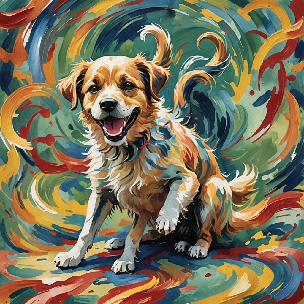 Dog Chasing Tail in Gouache Impressionist Style