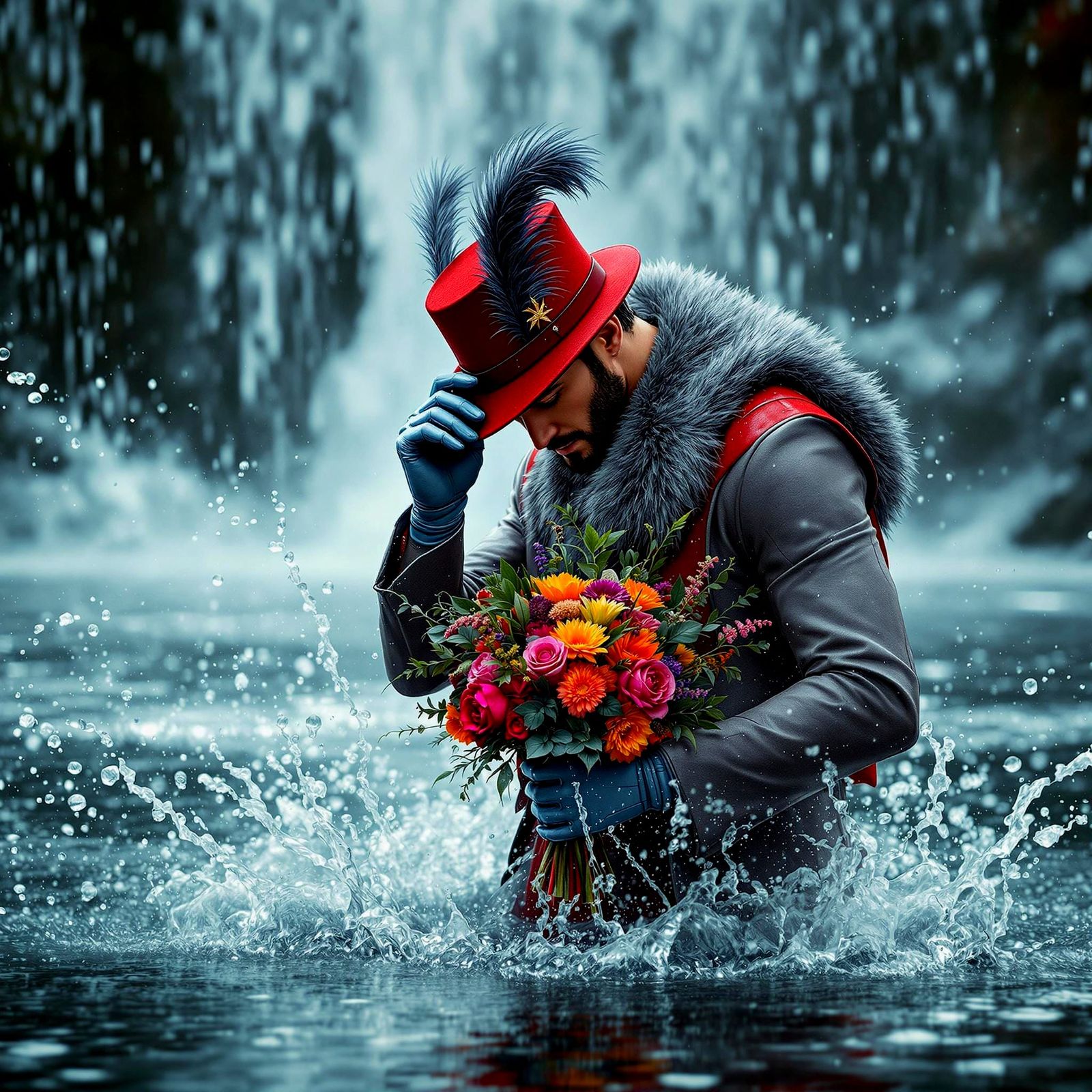3d digital image of a realistic man is stepping into the scene out of a heavily drifting and splashing water with his he...