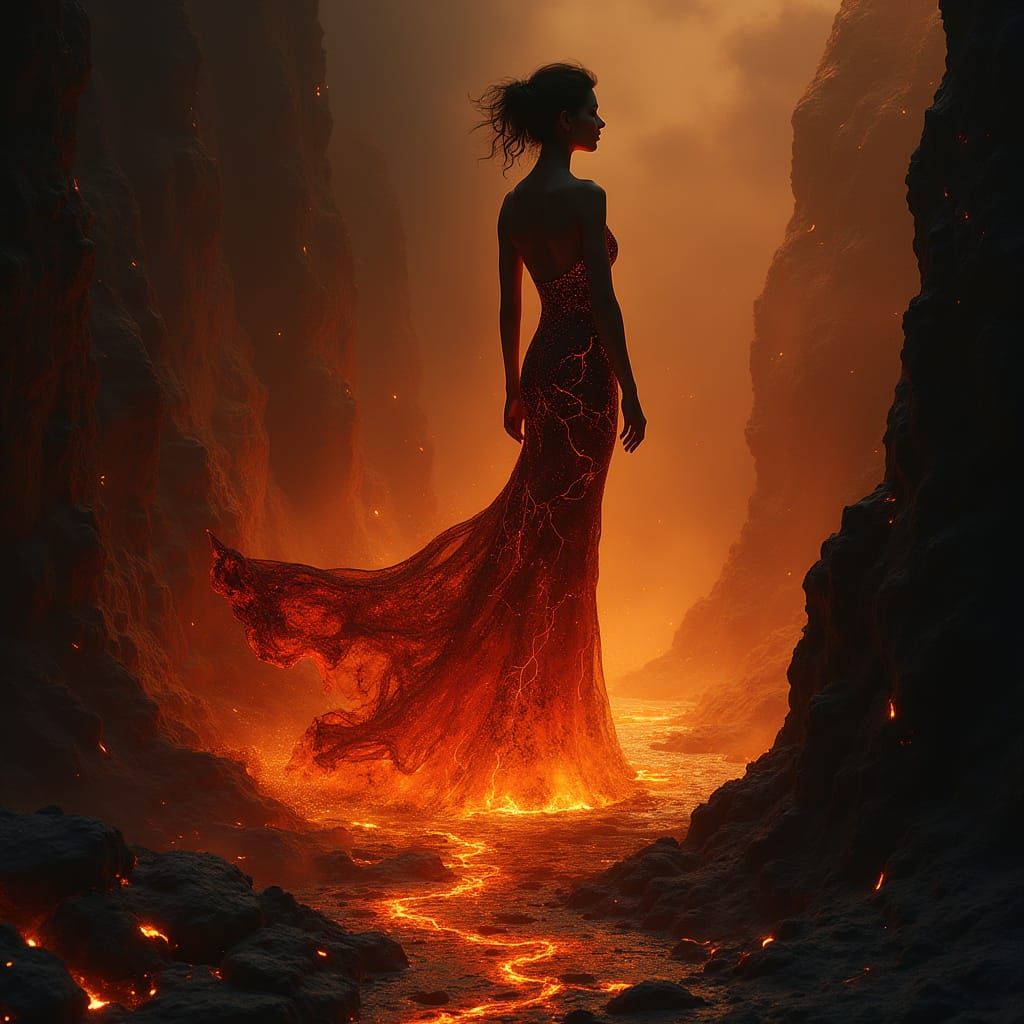 Woman in Lava Dress Silhouette, Painterly Style