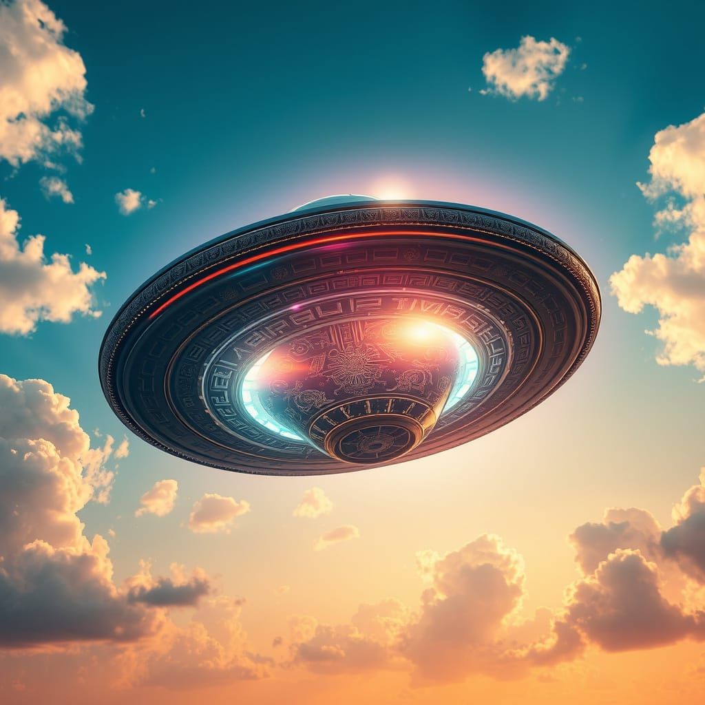 Glowing UFO in Electric Blue Sky with Puffy White Clouds and...