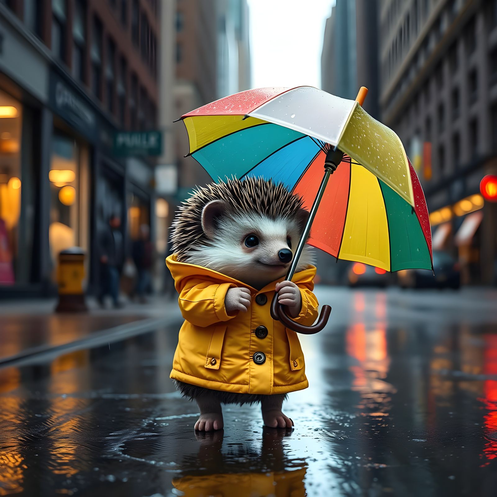 Hedgehog with Umbrella in Rainy New York, Hyperrealistic Art