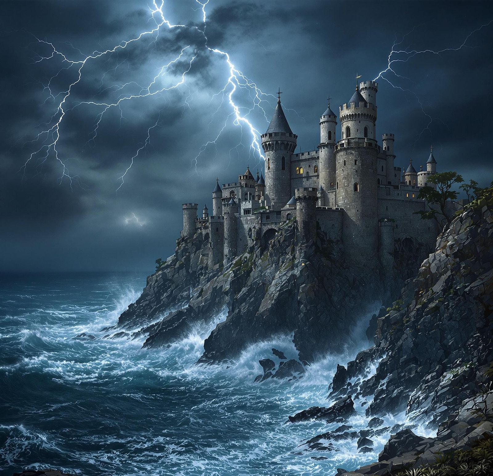 A Majestic Cliffside Fortress Amidst Turbulent Weather