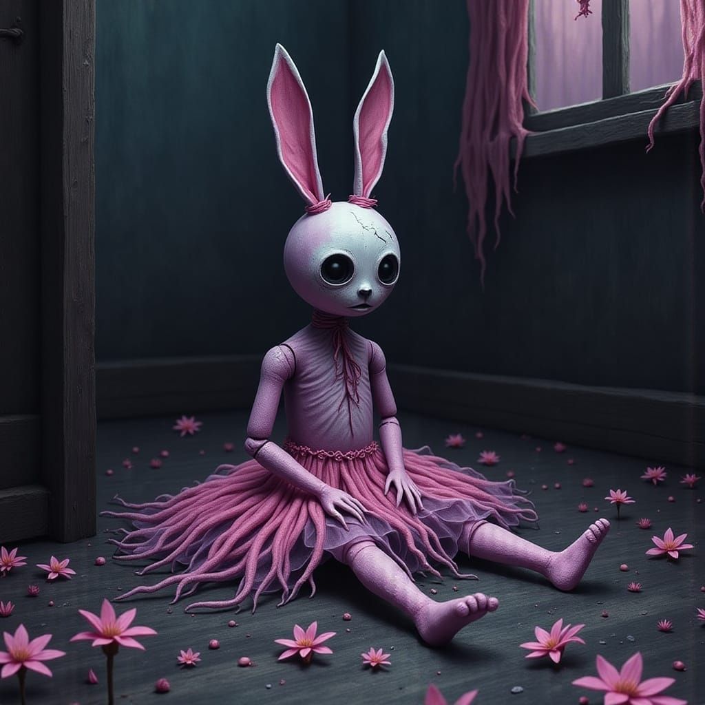 Creepy Porcelain Bunny Doll in Abandoned Nursery