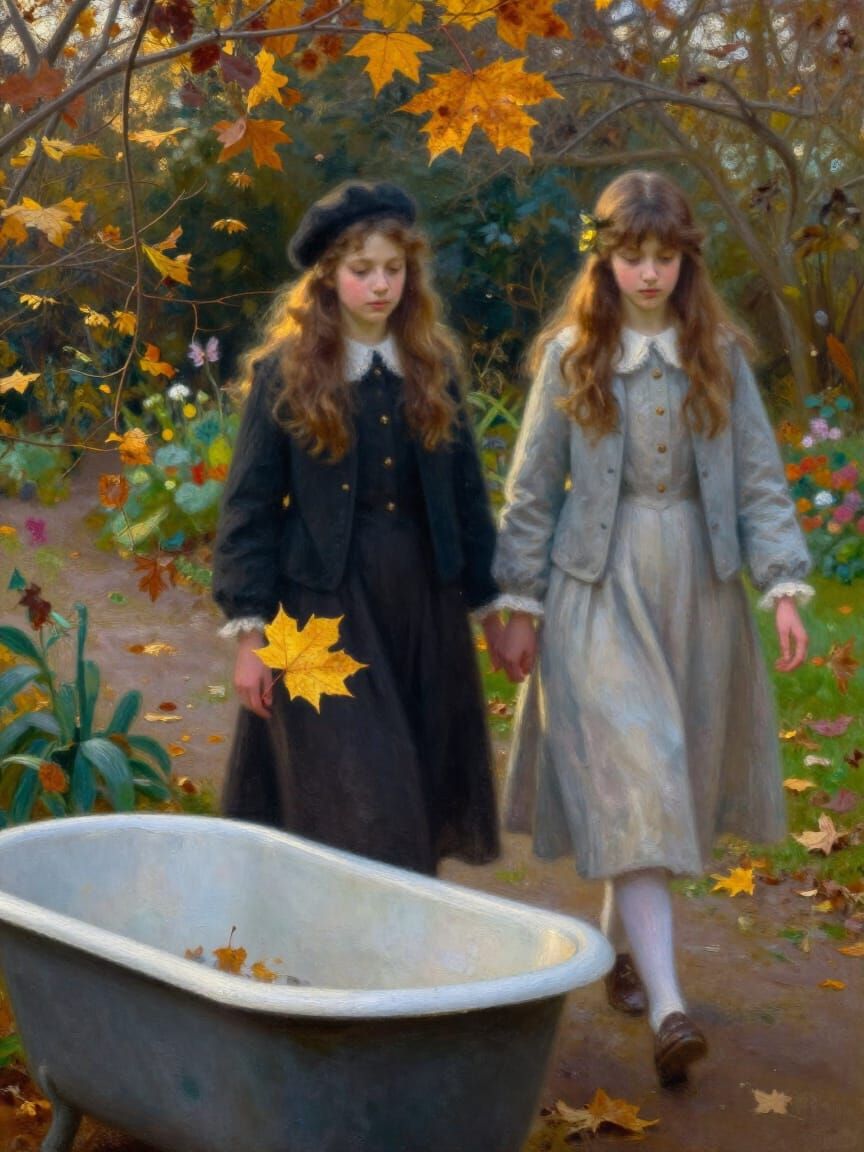 Autumn and Winter Girls in Atmospheric Garden