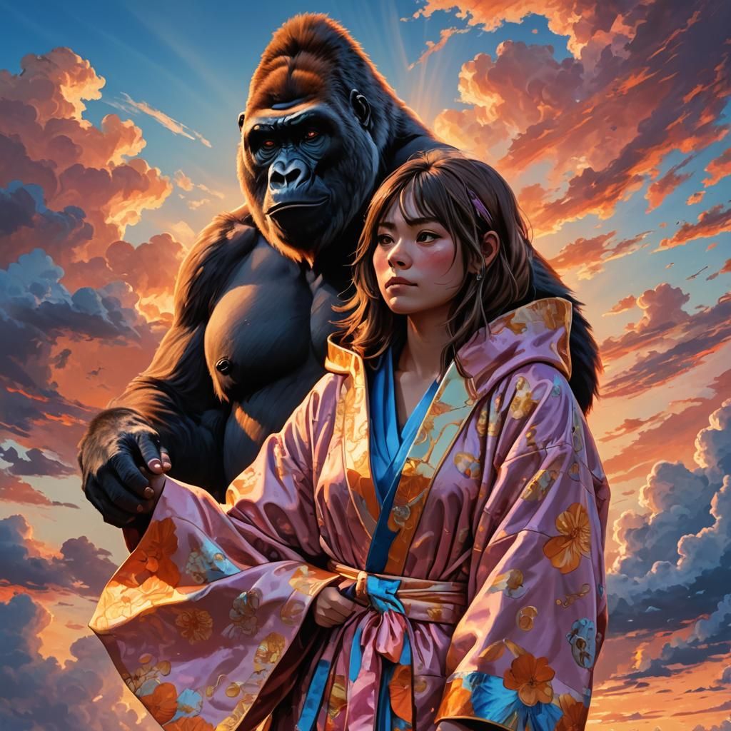 Anime Gorilla Holding Woman in Sunset Sky