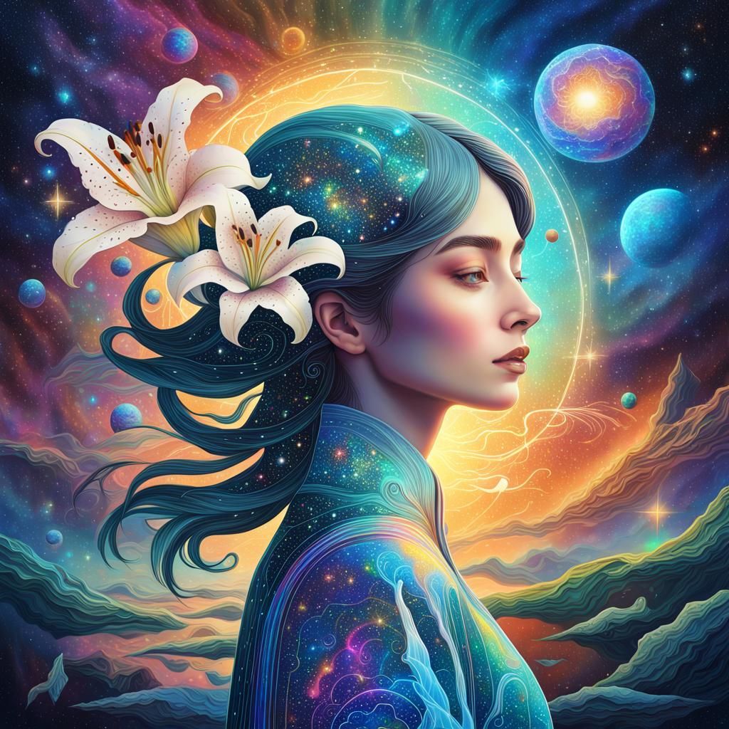 Holographic Cosmic Lily Illustration in Mixed Media