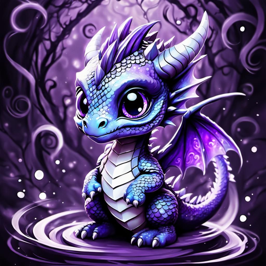 Chibi Baby Dragon with Swirling Background, Anime Style