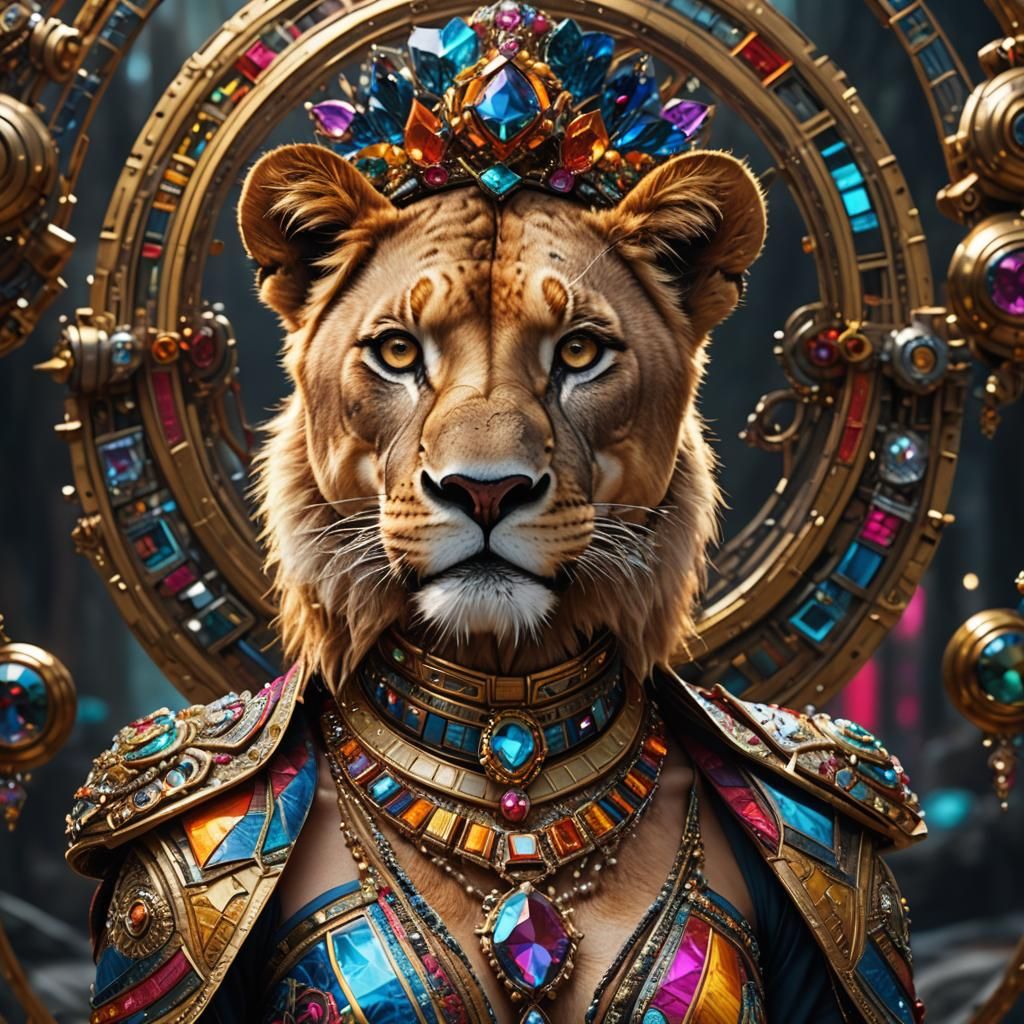 Lioness Portrait with Futuristic Jewelry in Hyperrealism