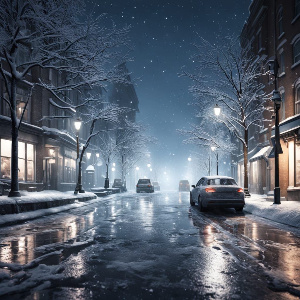 Snowy City Nightscape in Ethereal Matte Painting Style