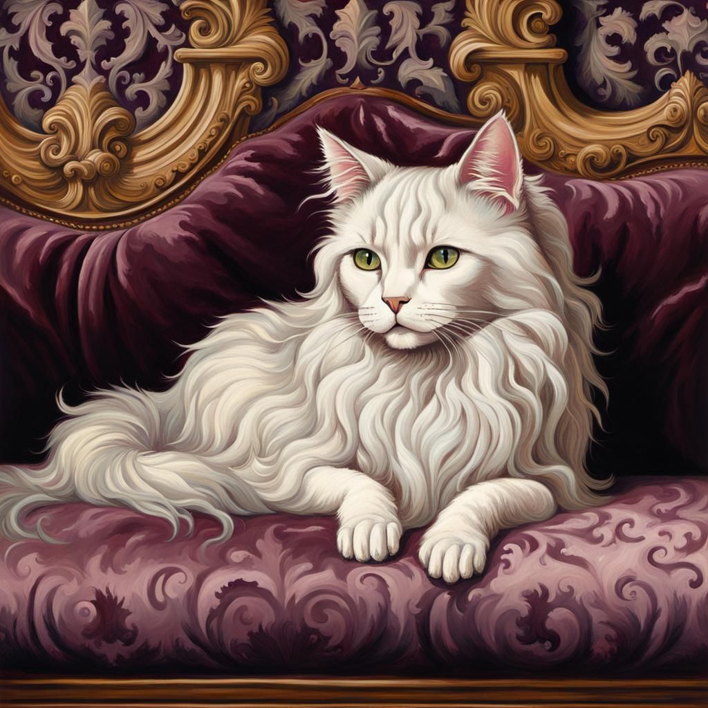 Gothic Cat on Velvet Sofa, in William Blake Style