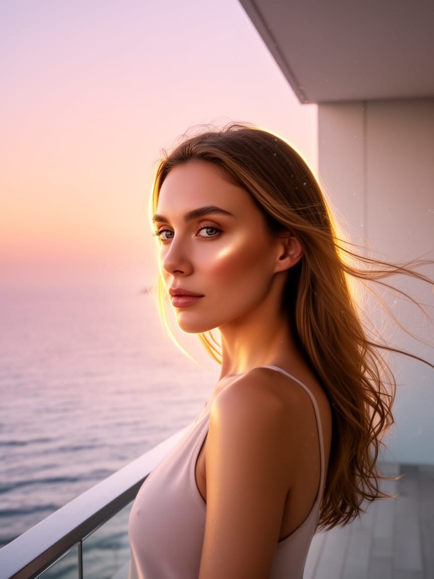 Serene Woman on Balcony Overlooking Ocean at Sunrise