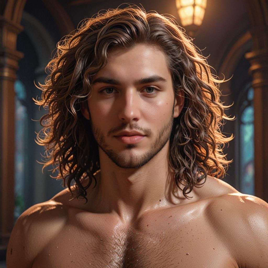 Masculine Man with Flowing Hair: Hyperdetailed Portrait