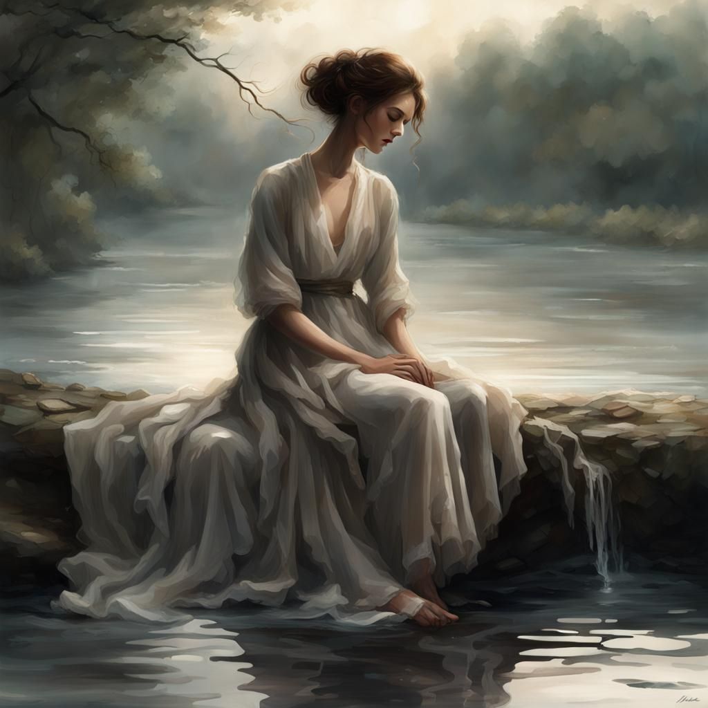 Medieval Teen Girl on Stone Bridge at Night