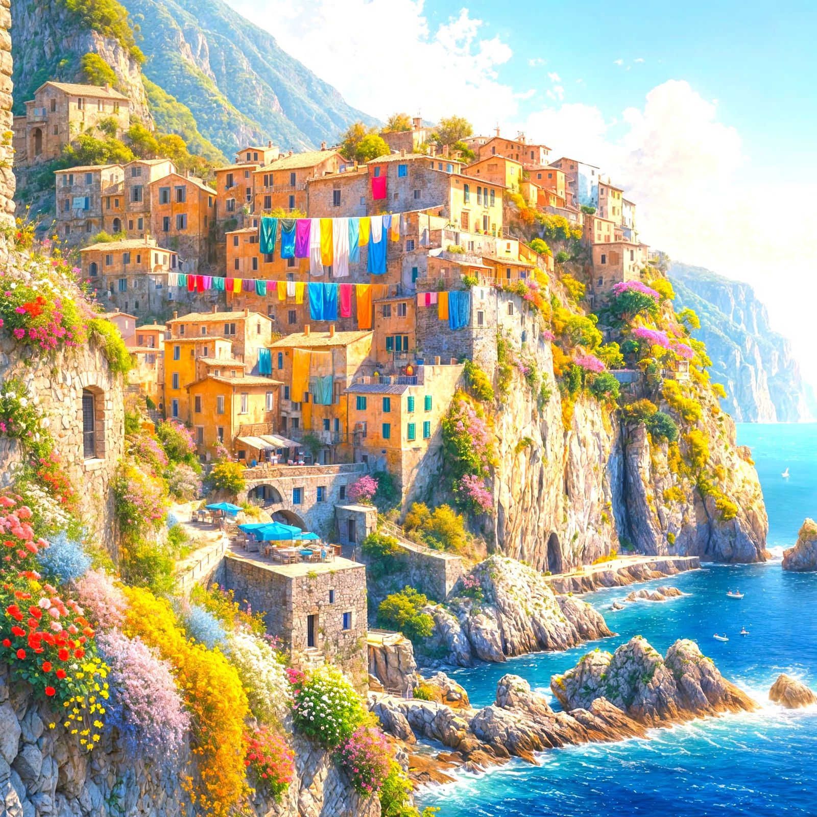 Spring Italian Village with Sea View, Pastel Oil Painting St...