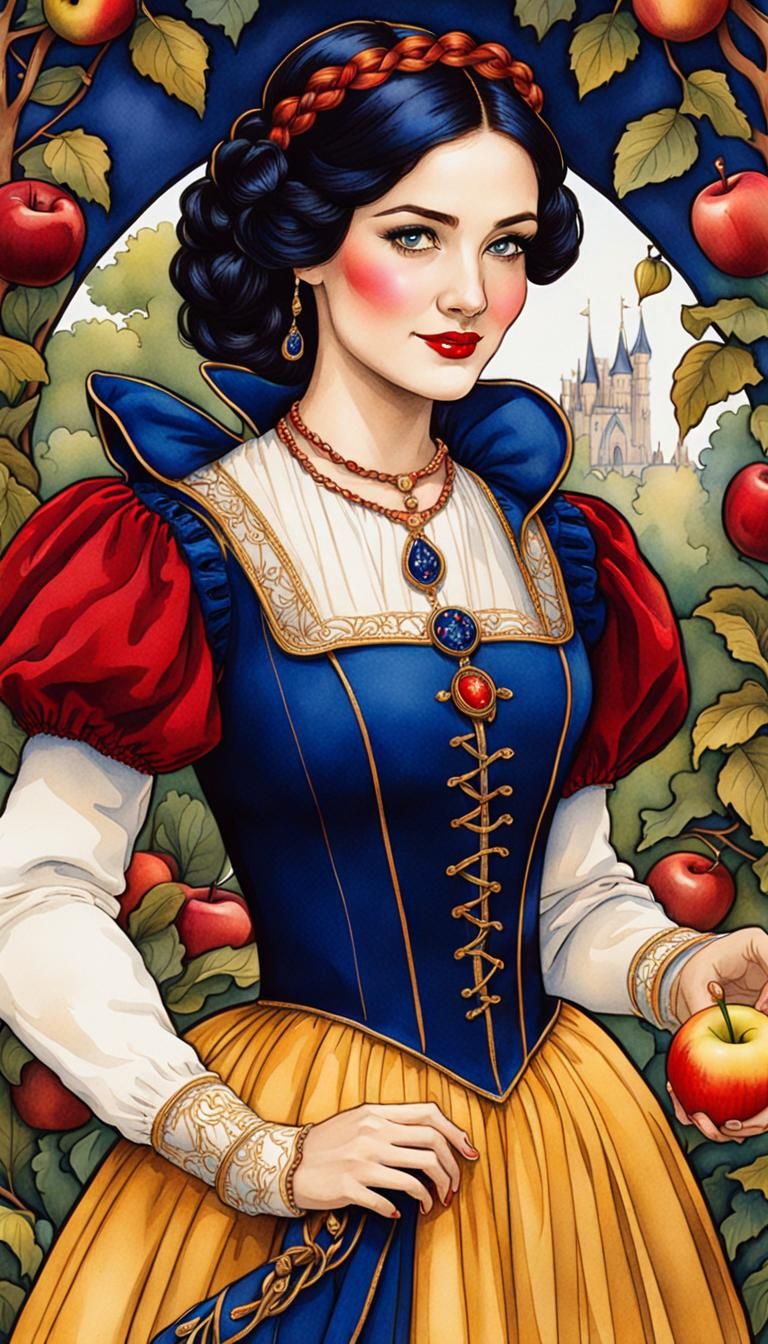 Snow White in Art Nouveau Watercolor Illustration