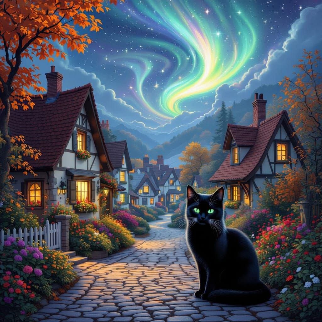 Enchanting Cottage Village Under Aurora Sky