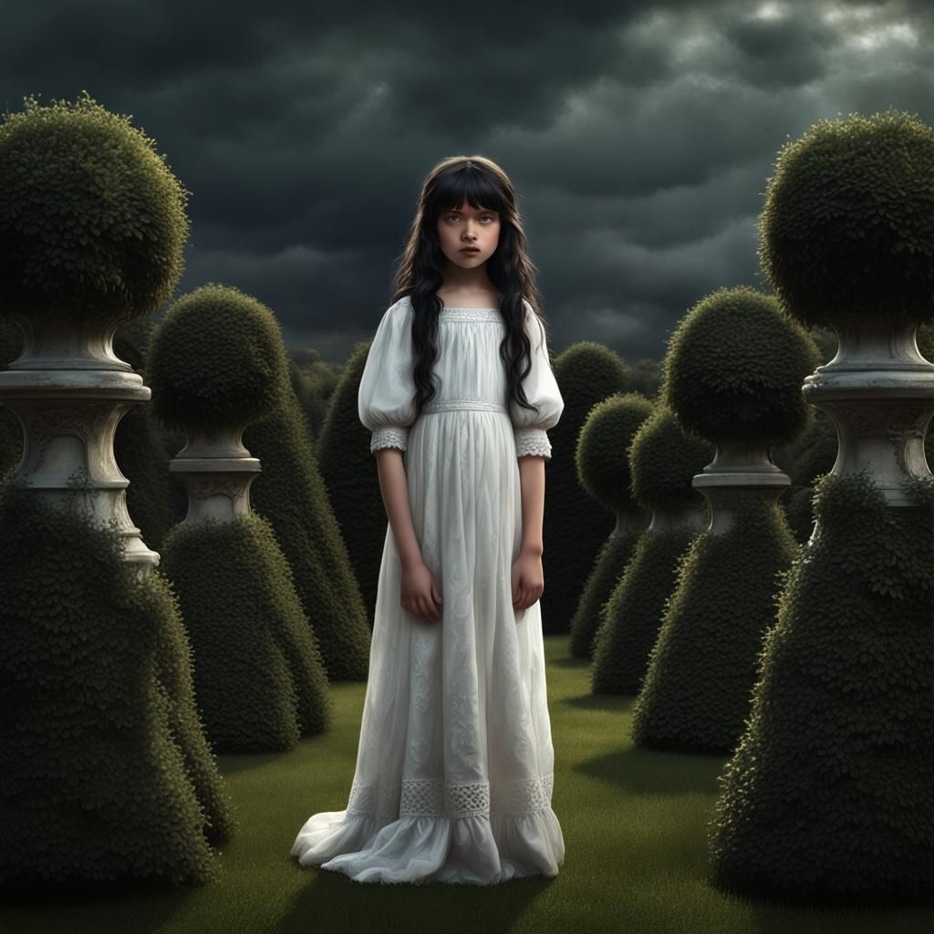 Child in Garden at Twilight: Pre-Raphaelite Painting