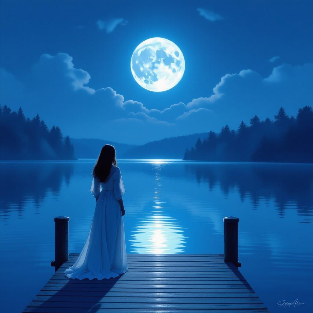 Woman on Dock Gazing at Full Moon Reflection