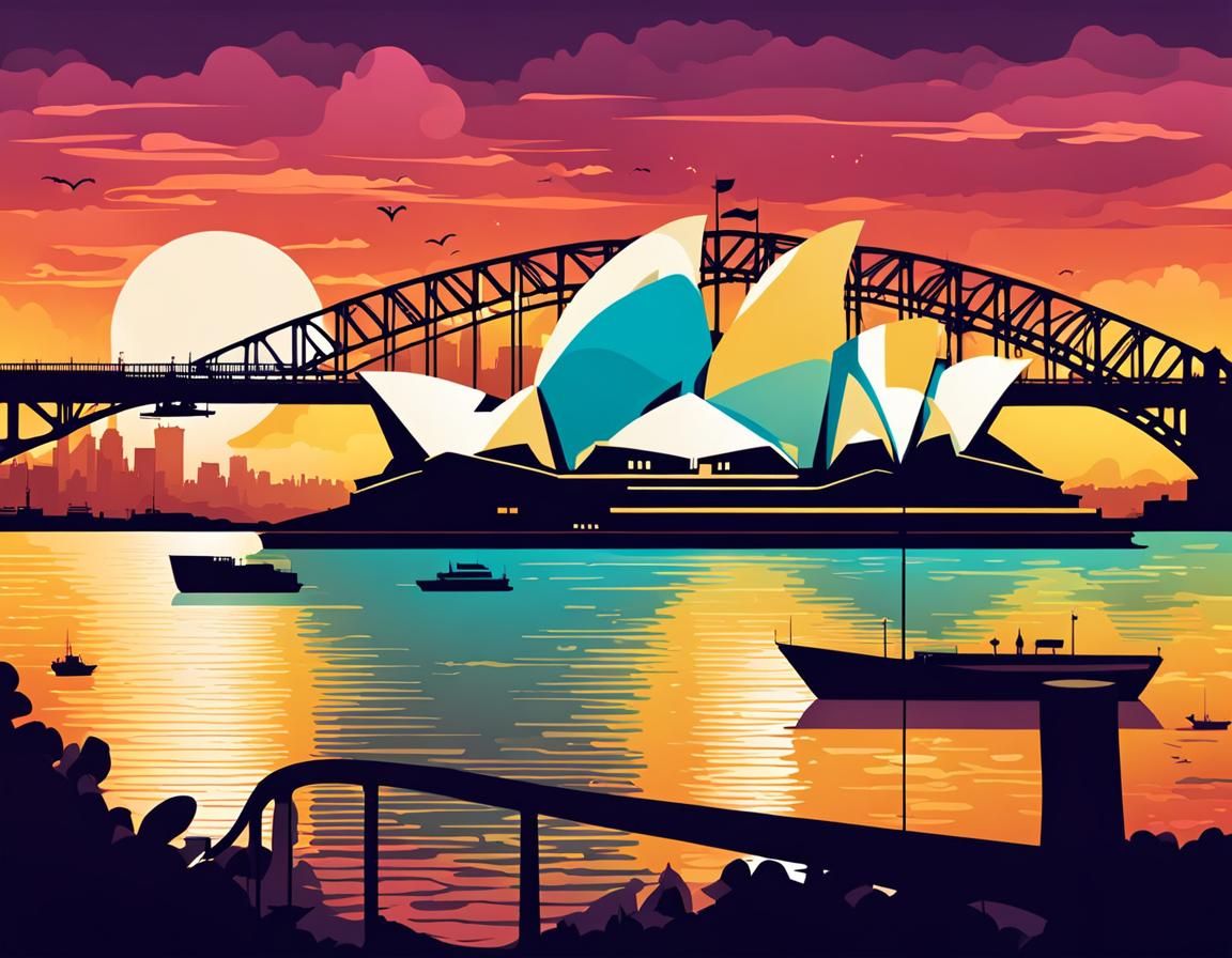 Sydney Opera House Sunset Flat Illustration