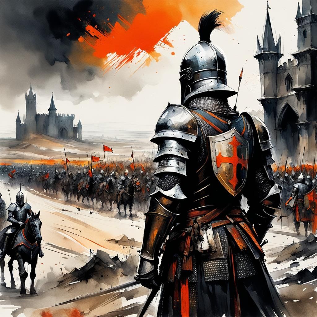 Gothic Knight Oversees Medieval Army in Gouache Style