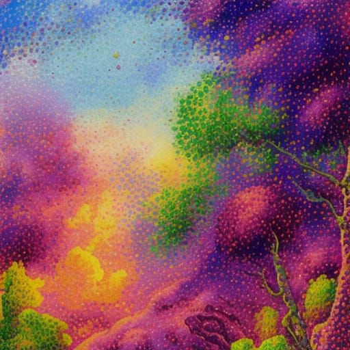 Pointillist Gouache Painting in Pink and Purple