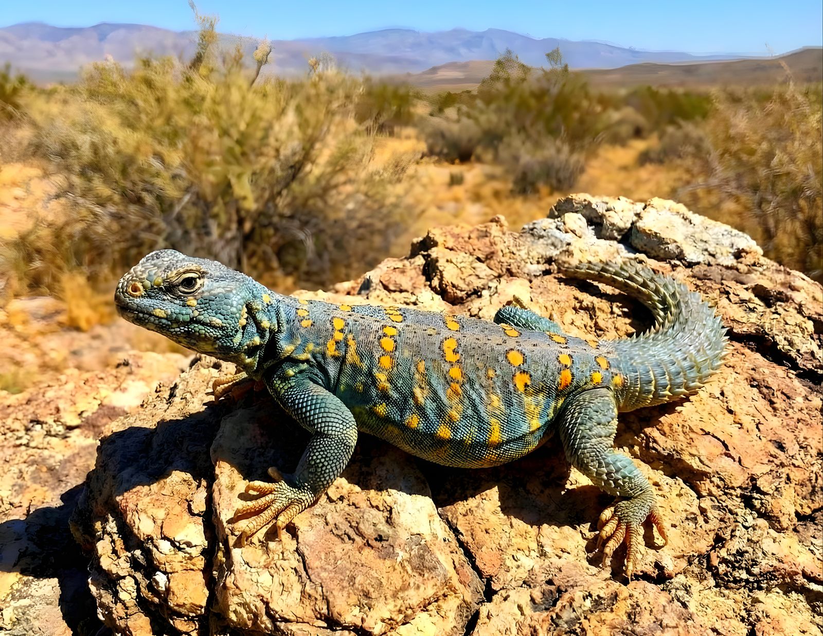 Uromastyx ocellata, known as the ocellated spiny tailed lizard. They have a typical lizard look but with a wide in the m...