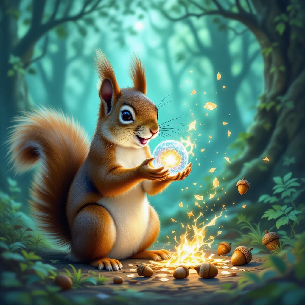 Mystical Squirrel's Glittery Spell Mishap in Enchanted Fores...