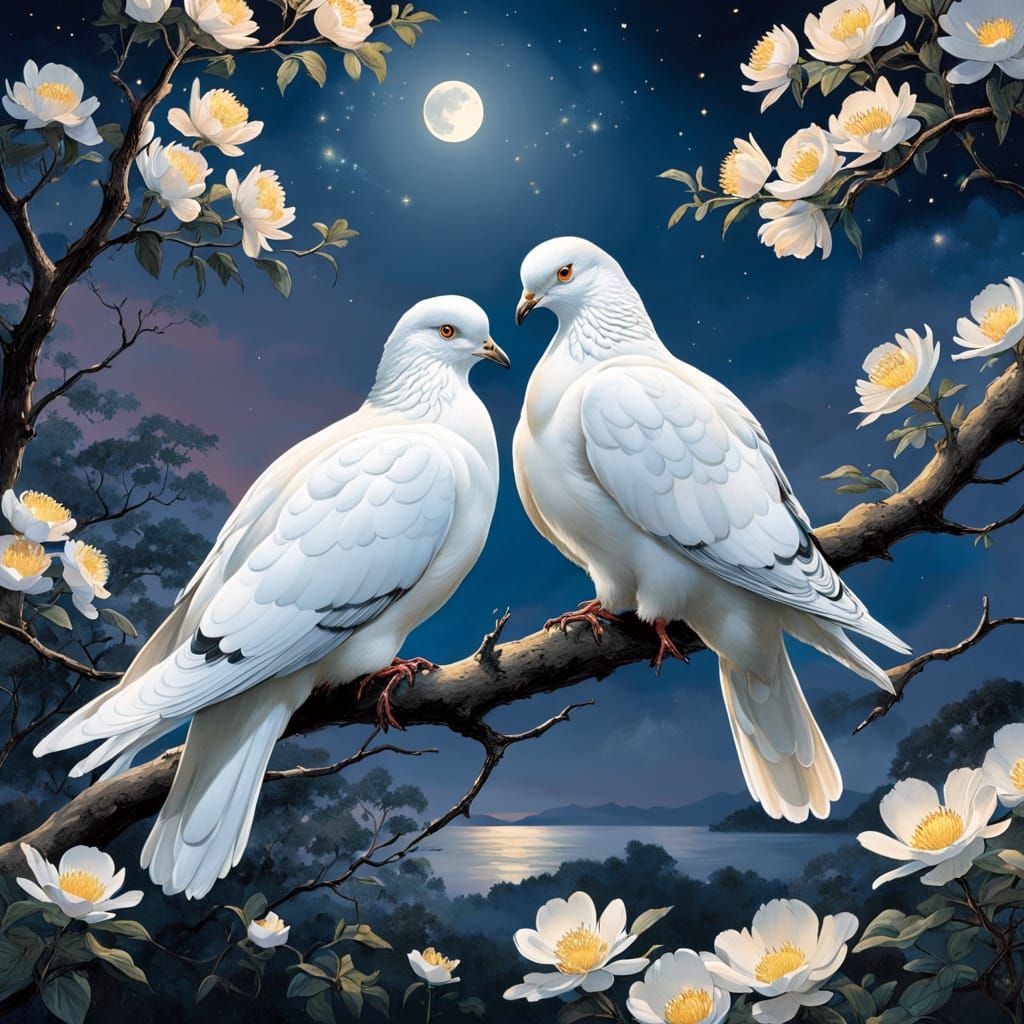 Majestic White Pigeons in Soft Evening Light