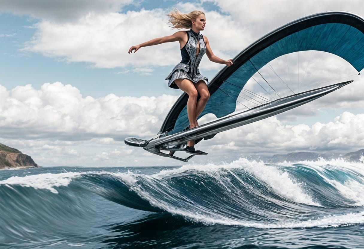 Couture Blonde Rides Wingfoil: Hyperdetailed Concept Art