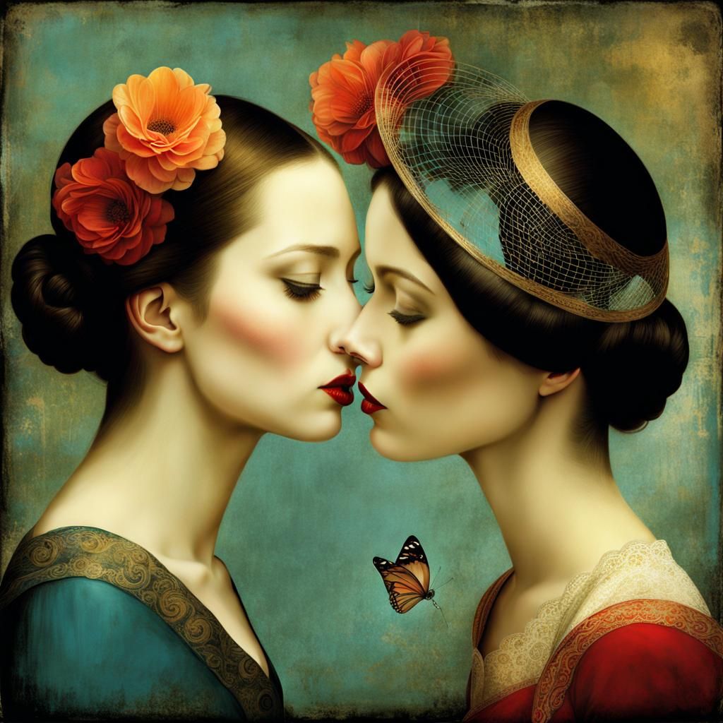 Romantic Embrace in Magical Realism Style