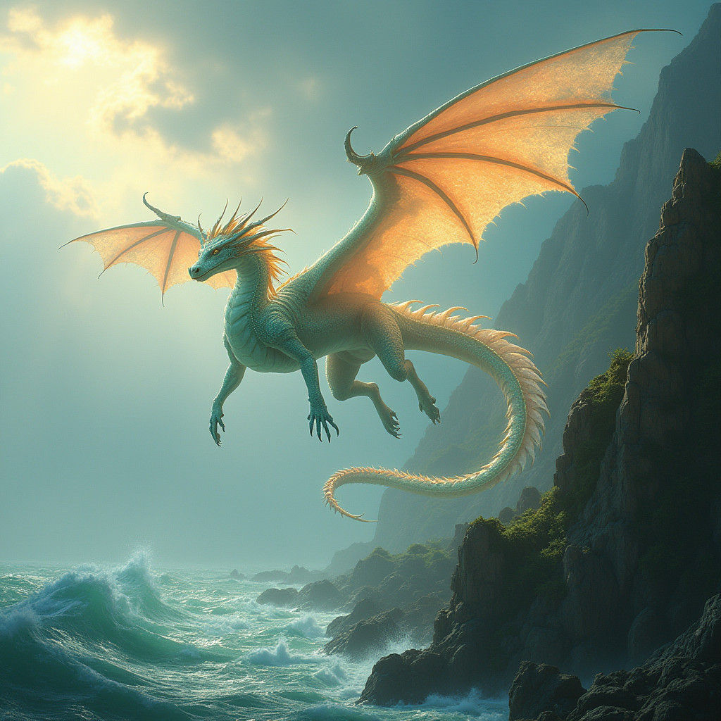 Iridescent Dragon Gliding Over Windswept Coastline