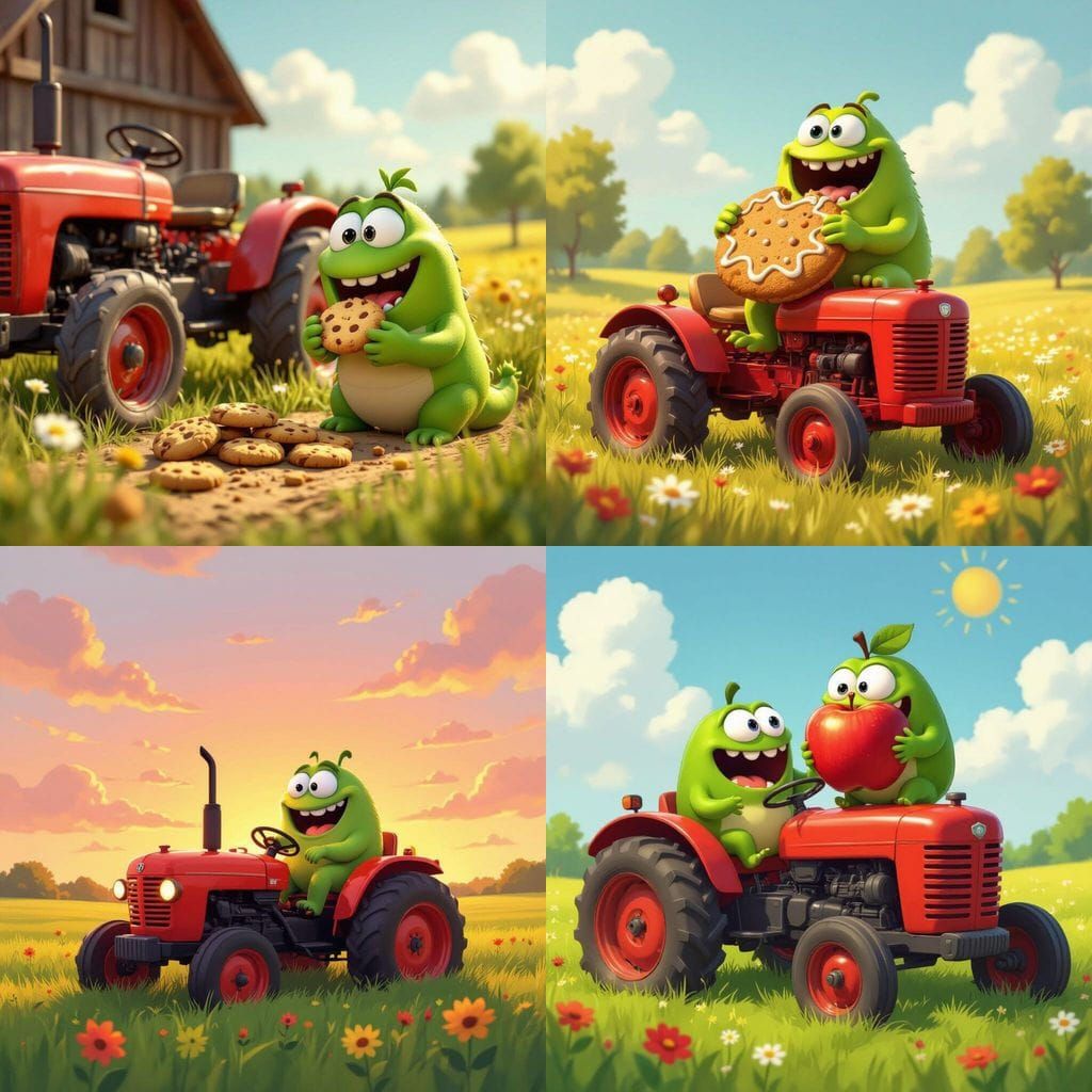 Om Nom Drives a Tractor Through a Field