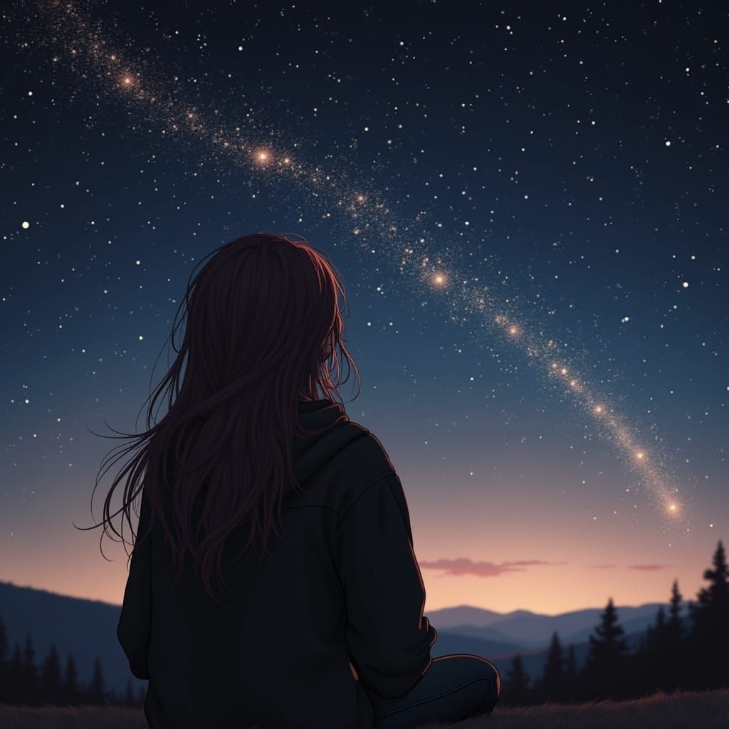Girl Watches Giant Shooting Star in Dreamy Digital Art
