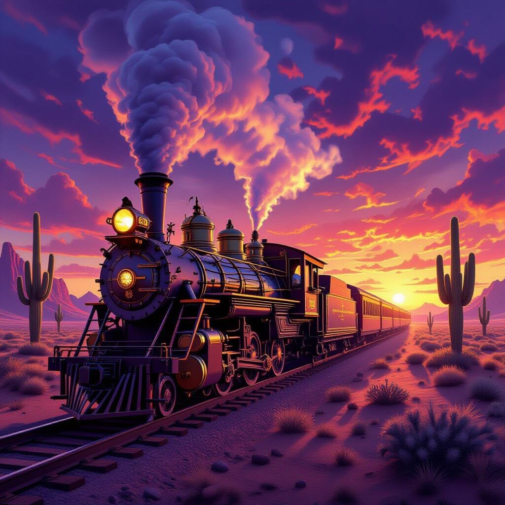 Steampunk Train on Alien Desert Under Binary Sunset