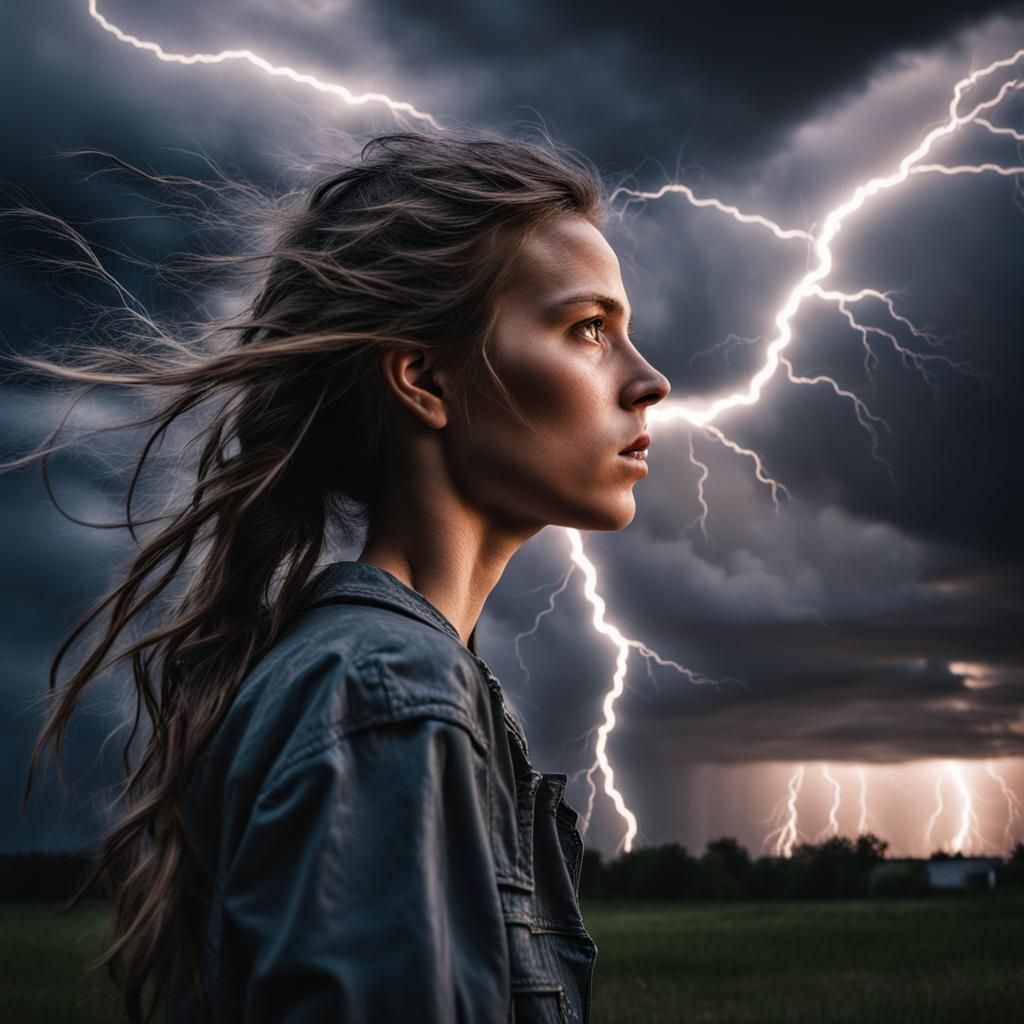 Girl in Thunderstorm with Lightning, Hyperrealistic Image