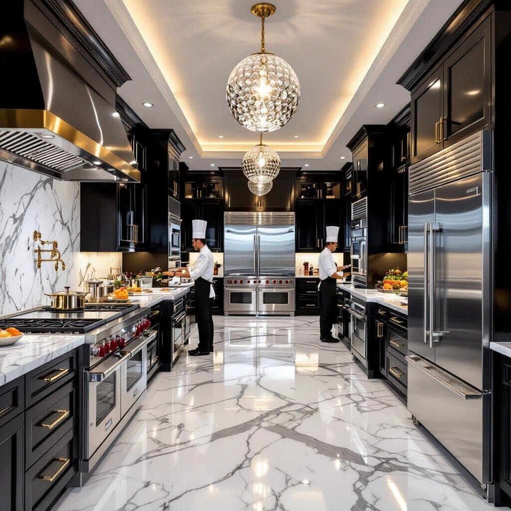 Luxurious Professional Kitchen with Marble and Black Cabinet...