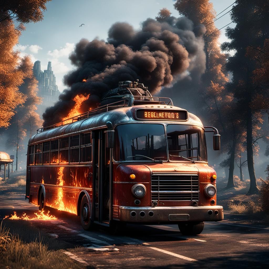 Fiery Bus in Cinematic 3D Game Style