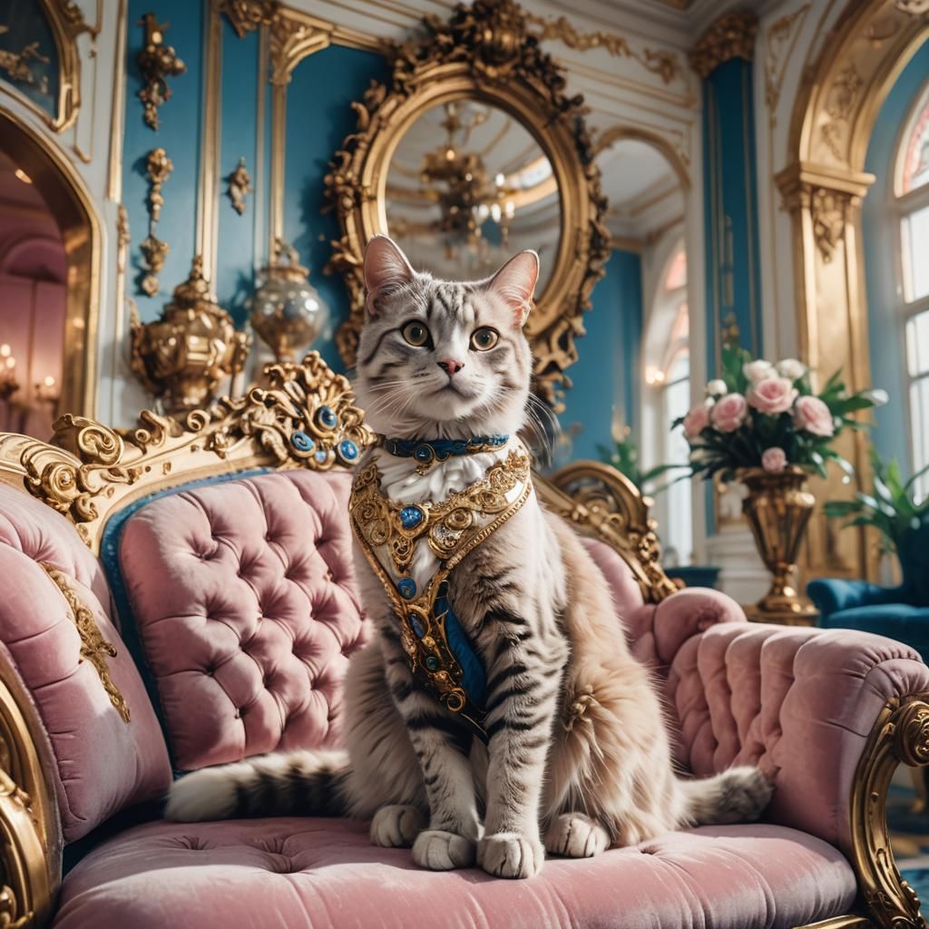 Rococo-Cyberpunk Living Room with Cat