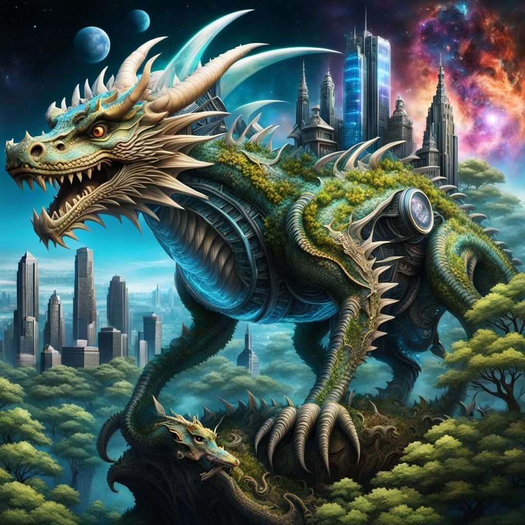 Intricate Dragon Pistons in Underwater Cityscape