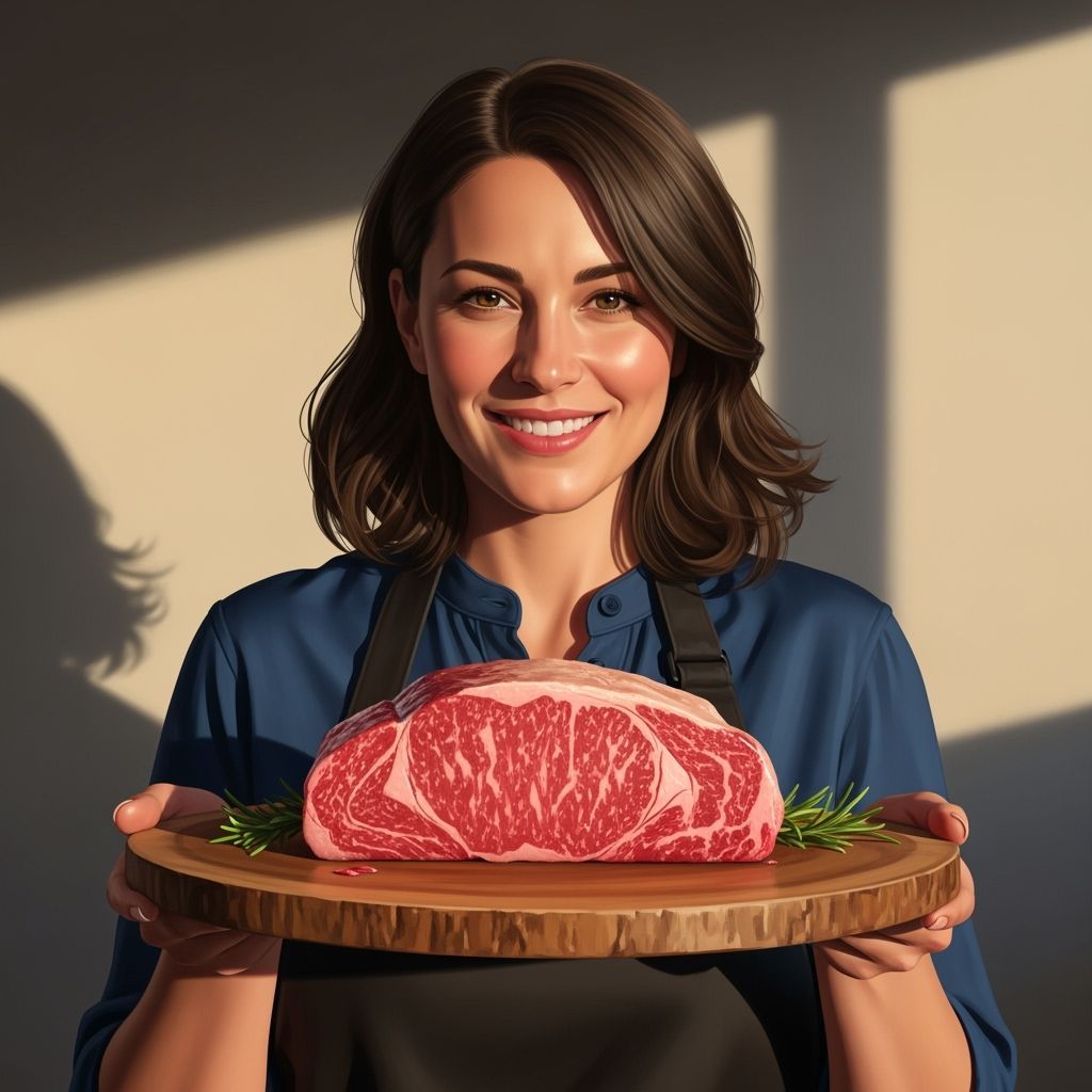 Woman Smiling Holds Premium Steak in Golden Hour Light