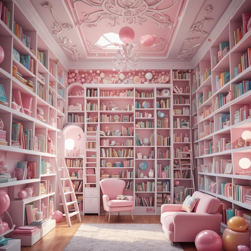 Cozy Pink Loft Reading Room in Candy Art Style
