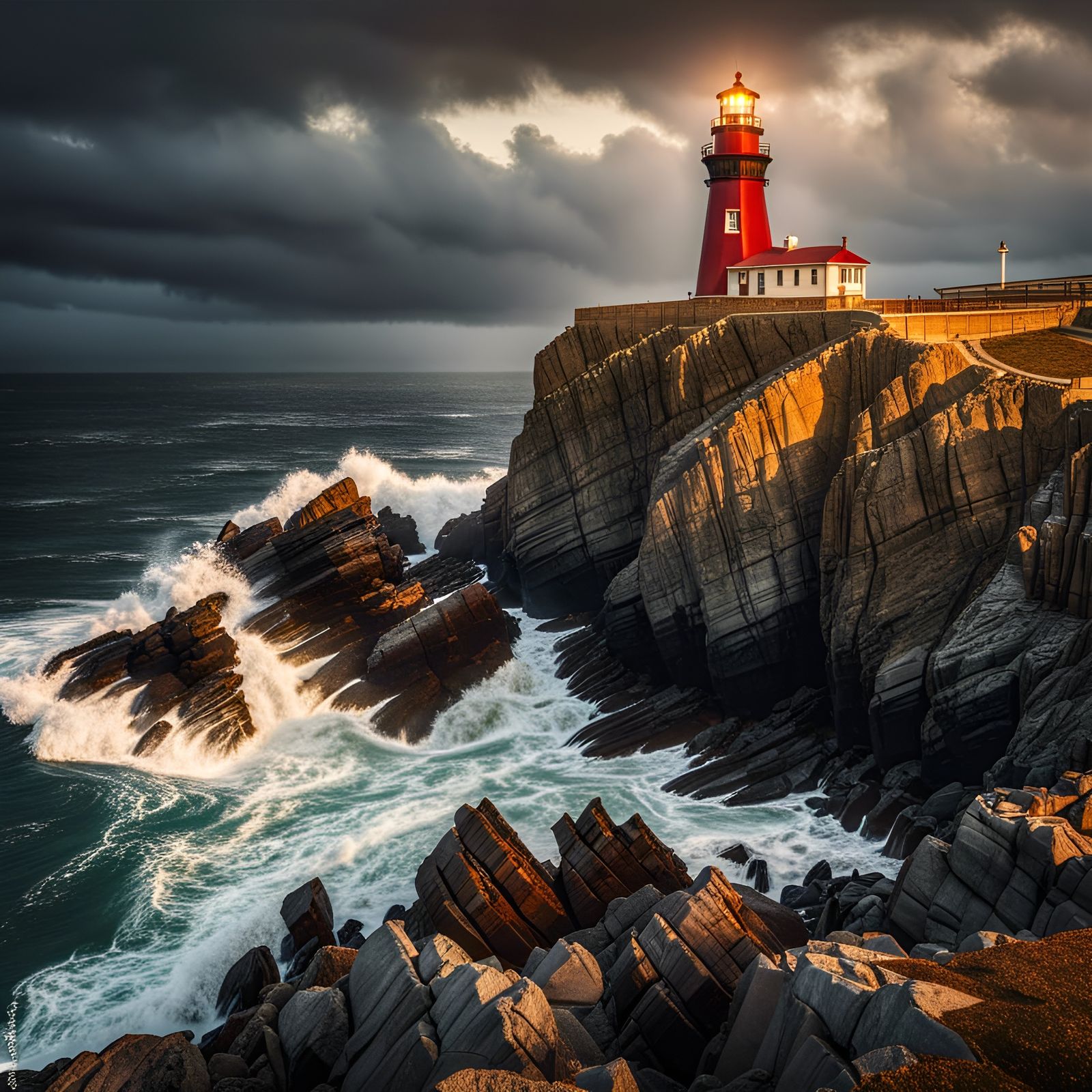 Stormy Coastal Lighthouse at Golden Hour