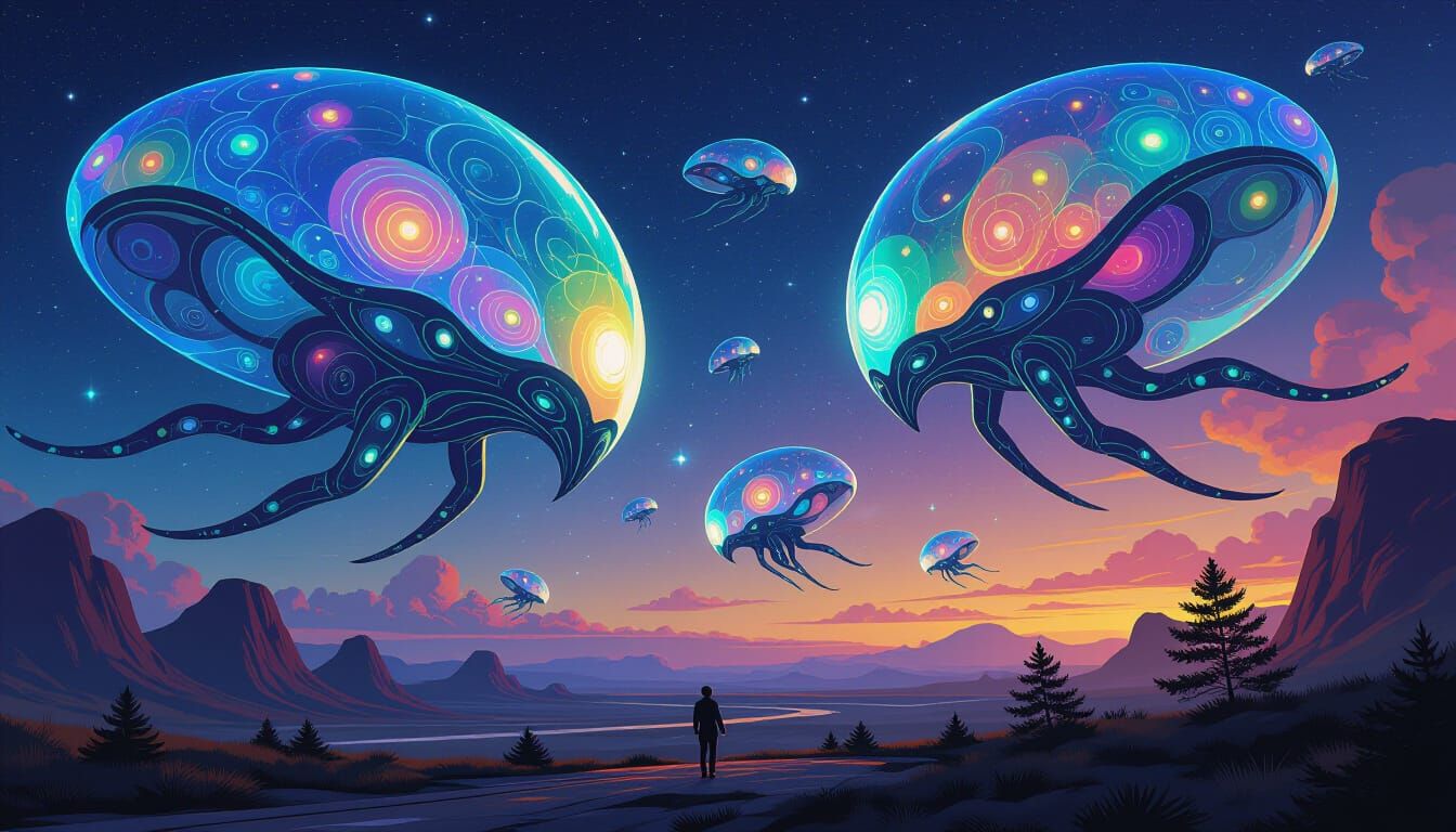 Iridescent Space Creatures in Cosmic Landscape