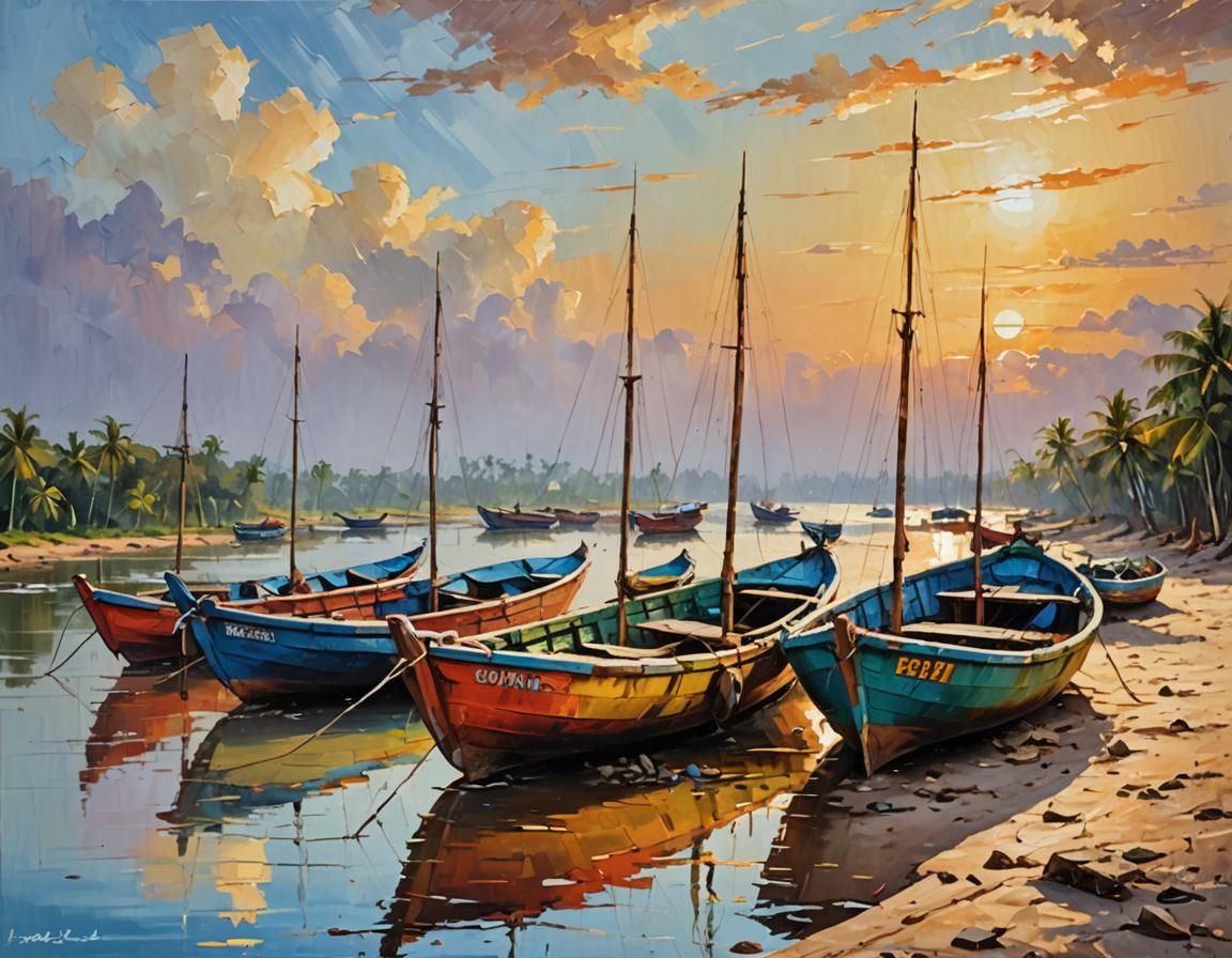 Cambodian Fishing Boats: Impressionist Oil Painting
