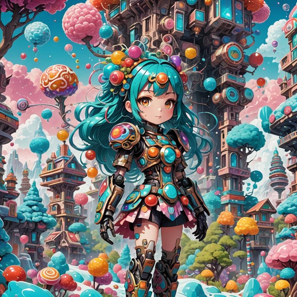 Mecha Girl in Candyland: Manga-Style Digital Illustration