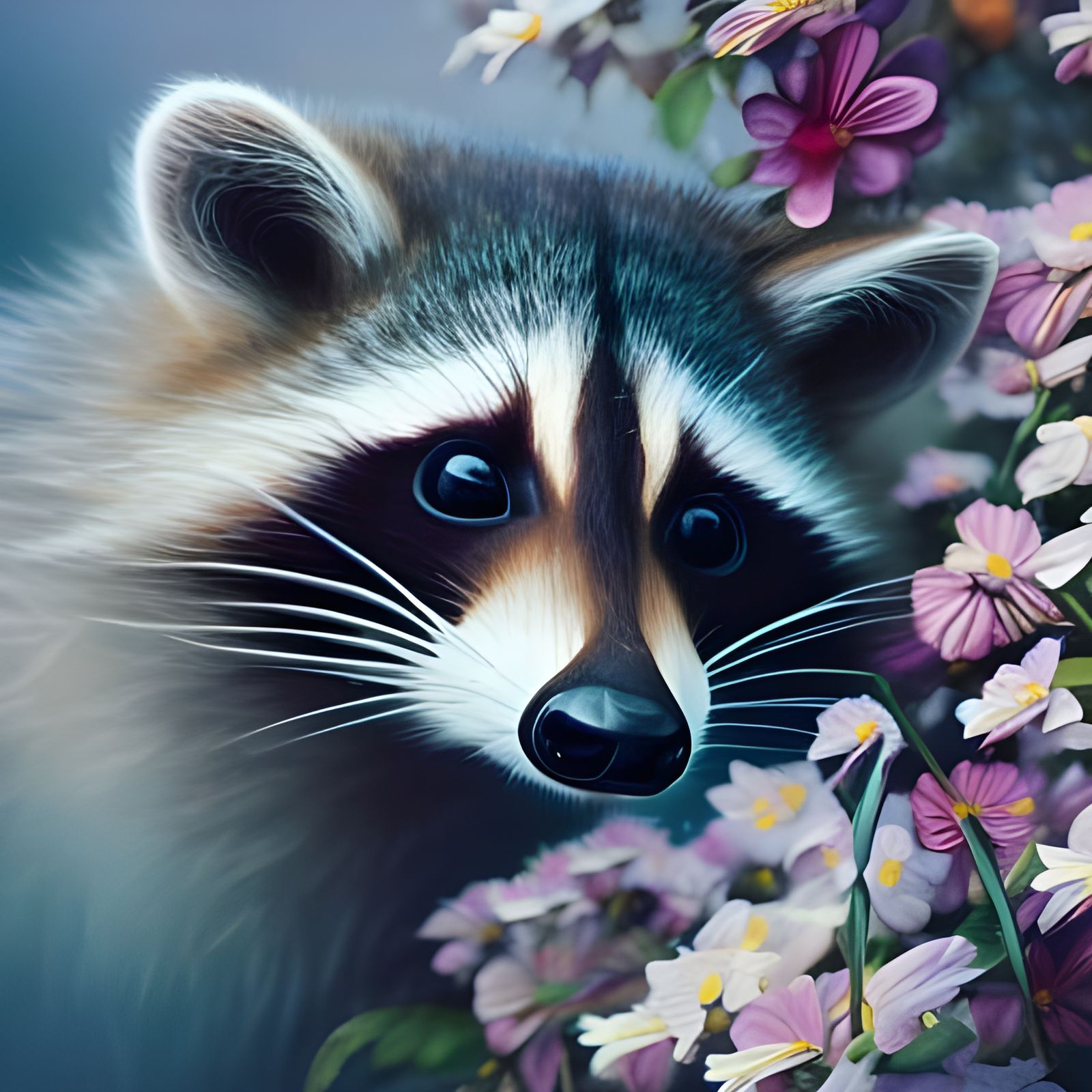 Raccoon with Star Eyes and Flowers, Detailed Portrait