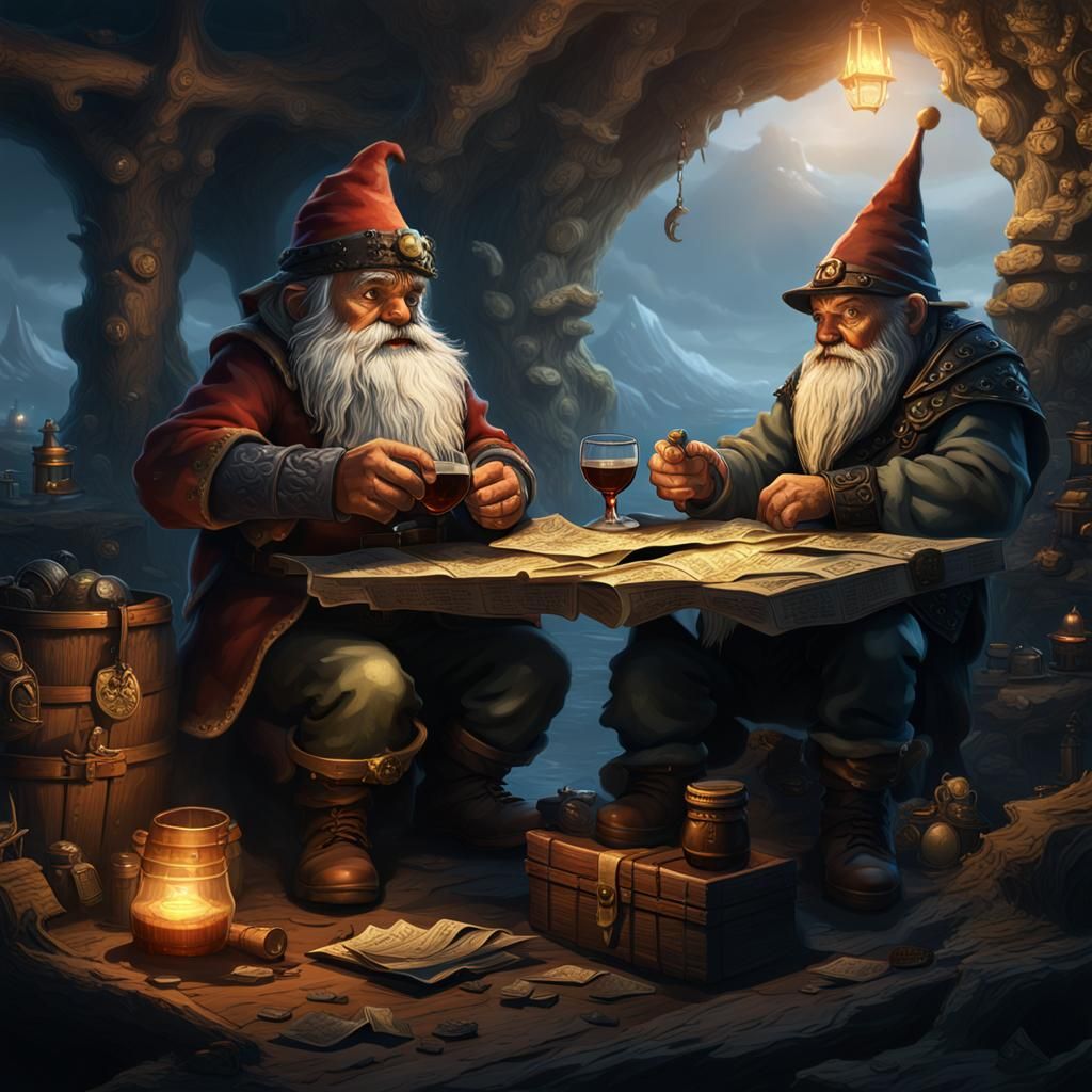 Gnome and Dwarf Discover Treasure in Raven, Fantasy Art
