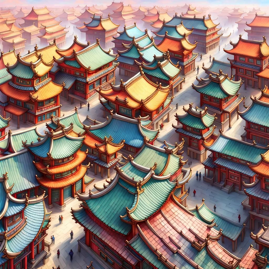 Rainbow Ming Dynasty Rooftops with Steampunk Details